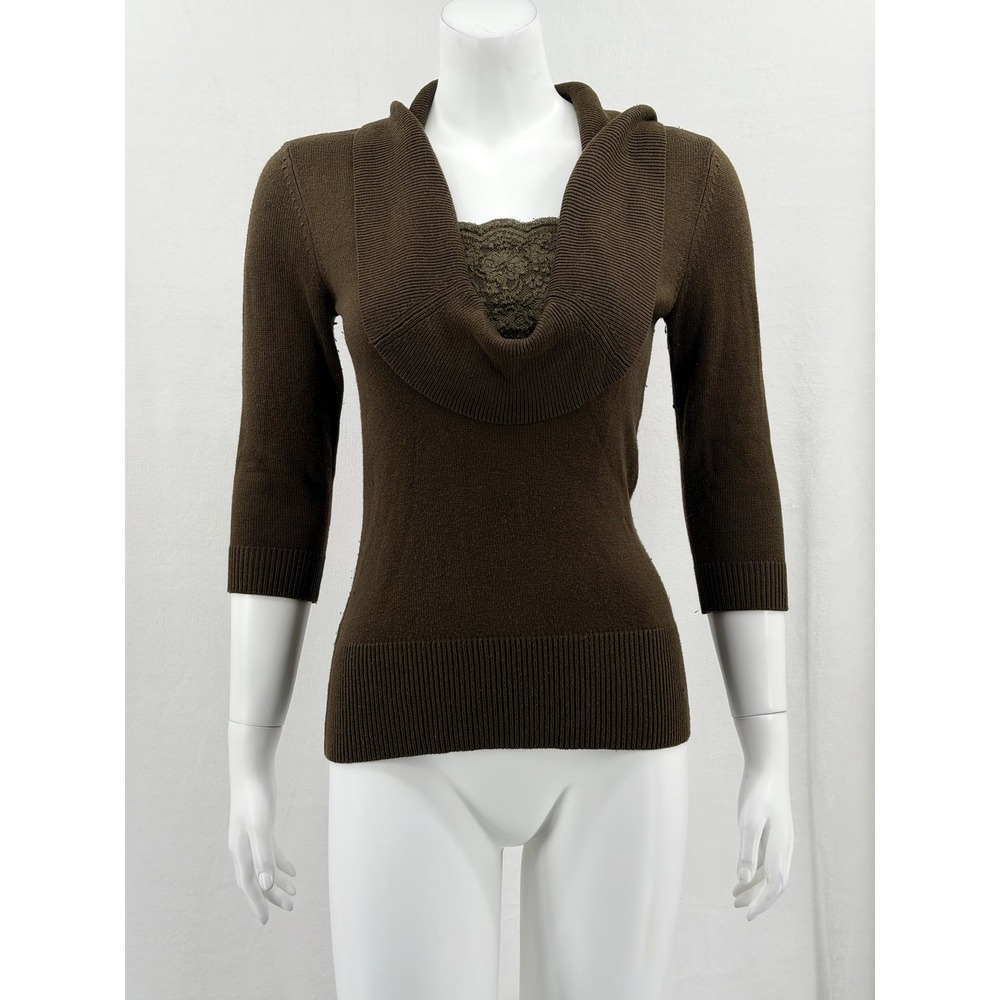 Alfani Top Womens PP 0P Green Cowl Neck Knit 3/4 Sleeve Silk Wool Blend Y2K Work